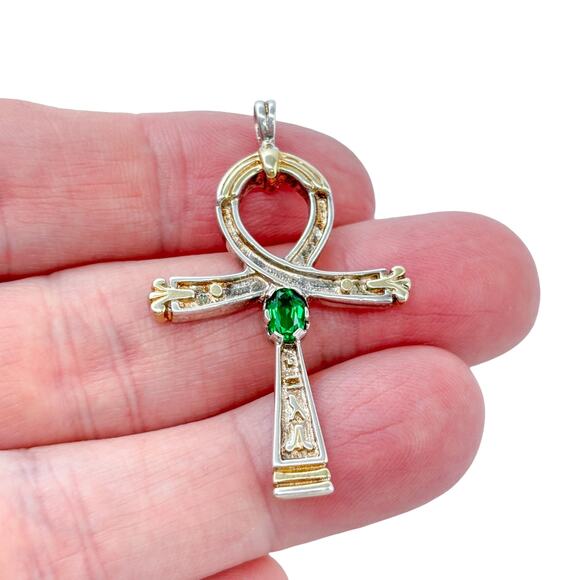 Estate Sterling Silver 925 Green Cubic Zirconia Egyptian Ankh Cross Pendant - Picture 1 of 9